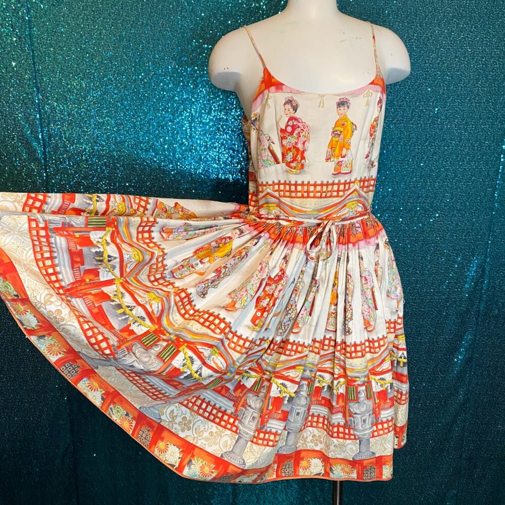 Bernie Dexter 50s Retro Style Chelsea Dress Japanese Print Vintage Medium RARE